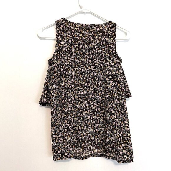 LC LAUREN CONRAD Ruffle Cold Shoulder Top Black Lilac Lavender Multi Floral Boho - Picture 10 of 12